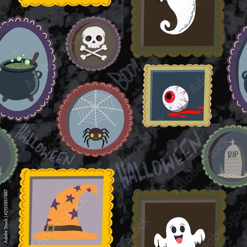 Spooky Halloween Picture Frame Gallery Seamless Pattern