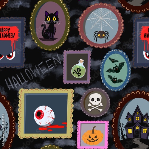 Cute Spooky Halloween Elements in Vintage Picture Frames Seamless Pattern