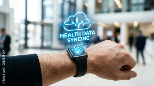 Smartwatch on a wrist projects a digital health data syncing hologram.