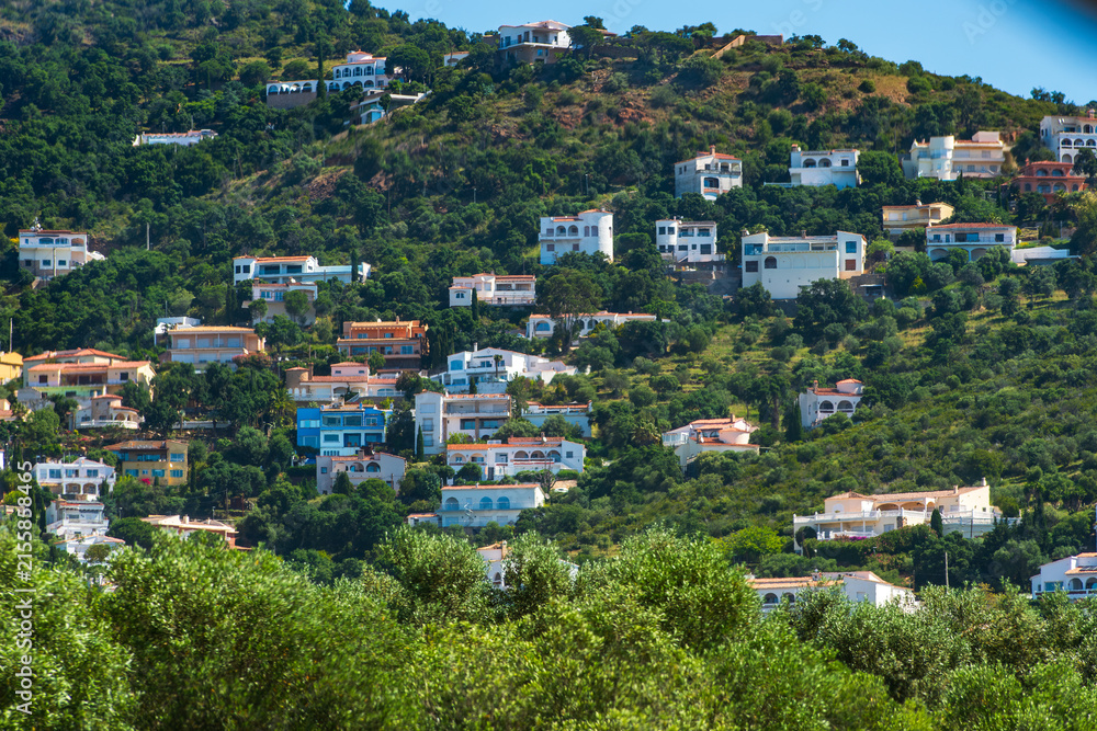 Fototapeta premium Mediterranean Hillside Homes Surrounded by Lush Greenery in Cadaqués, Costa Brava, Spain