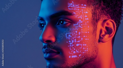 Futuristic portrait in vibrant neon lighting with digital circuit pattern projection on face, combining technology and human elements in creative conceptual photography.