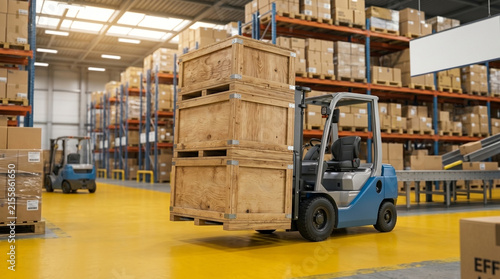 Industrial forklift lifting stacked wooden crates inside a bright warehouse with yellow floors and metal shelving