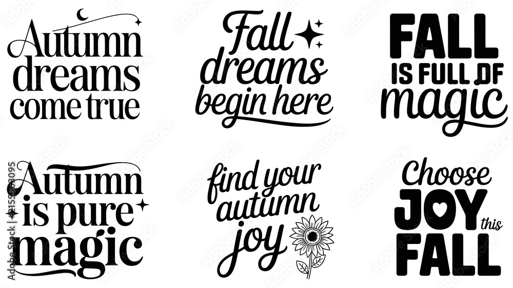 Obraz premium Autumn typography quotes, 6 fall lettering designs, seasonal magic vector set Editable Vector