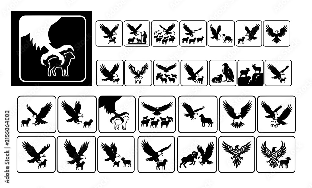 Fototapeta premium Eagle and Lamb Silhouette Icon Set for Wildlife Branding and Graphic Design Projects