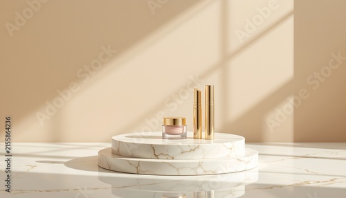 A modern interior setting featuring a round marble tabletop with a circular sink inset, mounted against a plain wall