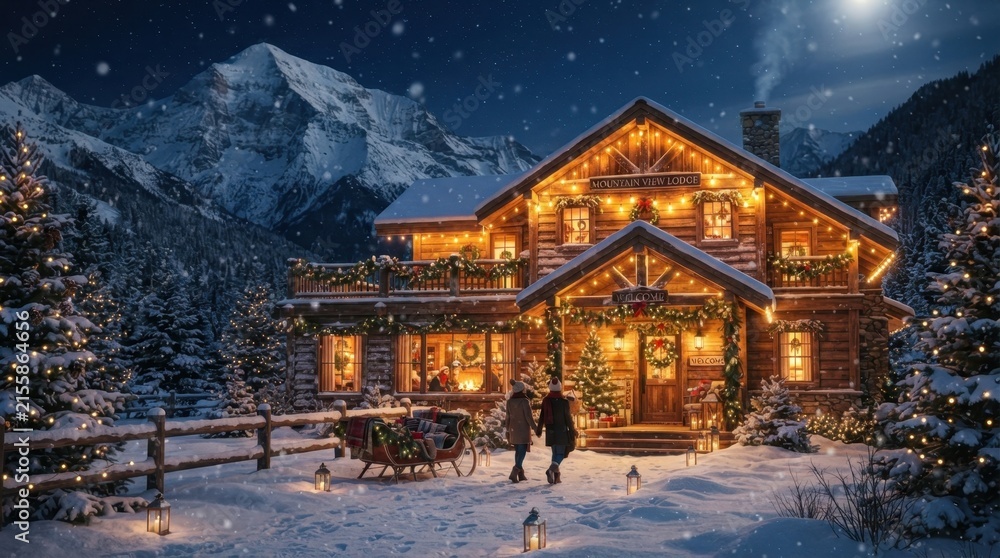 Fototapeta premium Cozy wooden lodge decorated with Christmas lights and snow