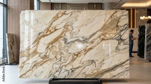 Marble slab display in modern showroom with polished stone and soft light