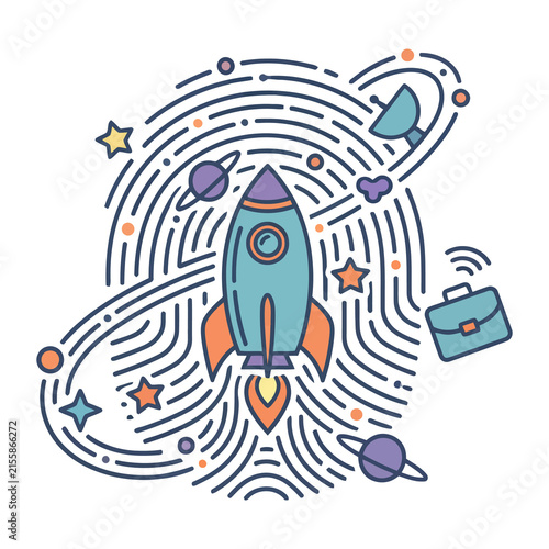 Retro space rocket illustration, colorful galaxy line art with planets and stars, creative startup business concept art