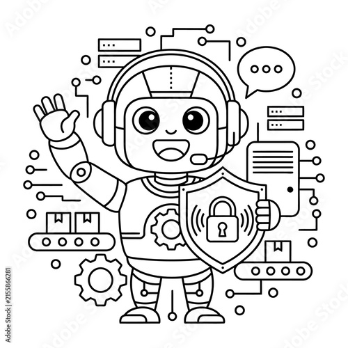 Minimalist robot line art, cute cyborg character with security shield, futuristic automation and artificial intelligence coloring page