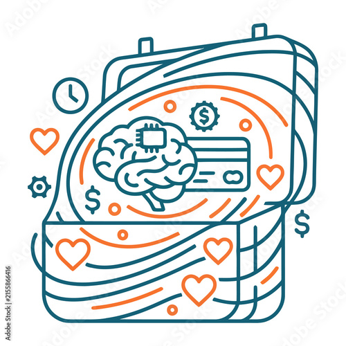 Artificial intelligence business concept, digital brain and credit card in briefcase, fintech and smart banking illustration