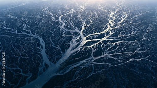Aerial view of a braided river system in iceland, abstract nature