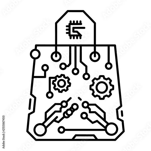 Smart shopping bag line icon, digital retail technology concept. Electronic commerce circuit board design, futuristic tech shopping bag.