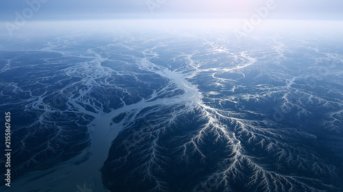 Aerial view of a vast river delta landscape at sunset