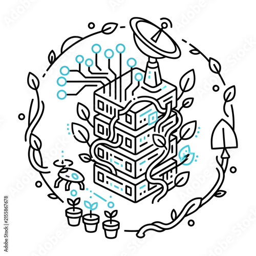 Minimalist geometric nature icon, black and white line art of a plant growing from gears, eco-tech concept illustration