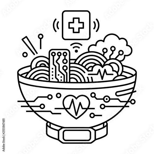 Minimalist line art illustration of a futuristic health bowl, digital nutrition and biohacking concept, medical tech food icon