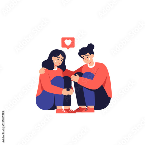 Bild auf Leinwand Sad Friends Comforting Each Other, Isolated Love Heart Icon, Emotional Support