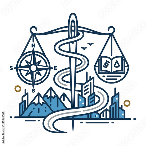 Minimalist line art illustration of justice scales with compass and book, conceptual law and ethics graphic, blue and white symbolic icon