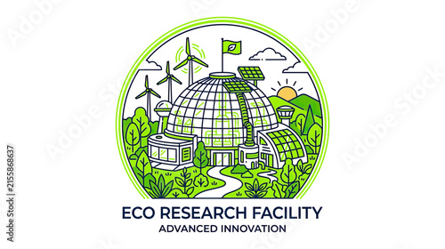 Eco Research Facility Building with Solar Panels and Wind Turbines