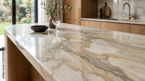 Modern kitchen counter with glassware and olive branch in warm light