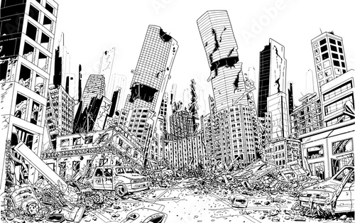 earthquake damaged city with collapsed buildings and debris.