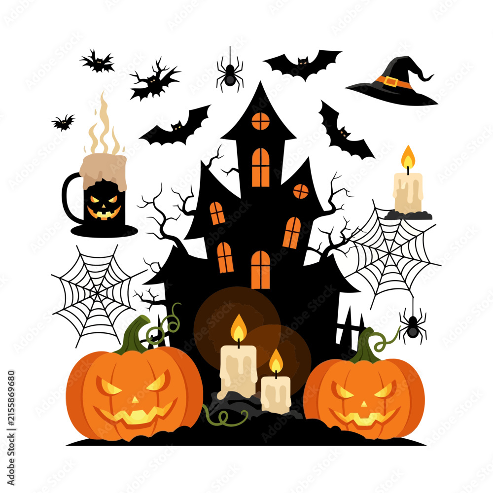Fototapeta premium Spooky Halloween Icons: Haunted House, Jack-o'-lanterns, Bats, Spiders, Witch Hat, Candles, and Brew Cup on Transparent Background