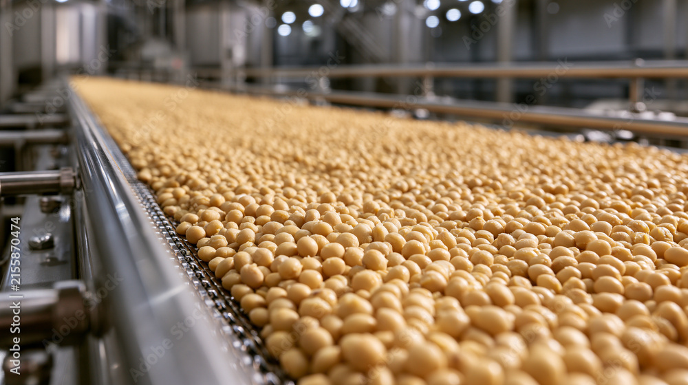 Fototapeta premium Soybeans move along an industrial conveyor belt in a processing plant. Agriculture and food production industry concept.