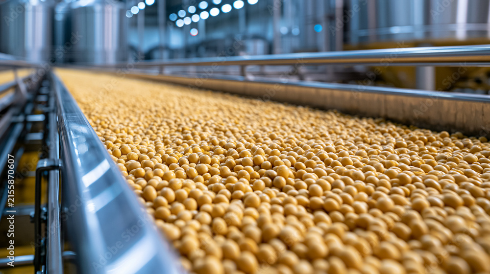 Fototapeta premium Soybeans move along a modern industrial conveyor belt in a processing plant. Food production concept for agricultural.
