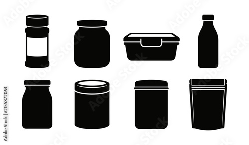 Food packaging and storage jars silhouette icon set with packaging containers silhouette isolated