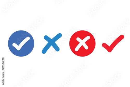 Approved checkmark, rejected cross, and decision choice vector icon set. Circular and isolated check mark tick and close cross symbols in dark purple and light blue for task status, 