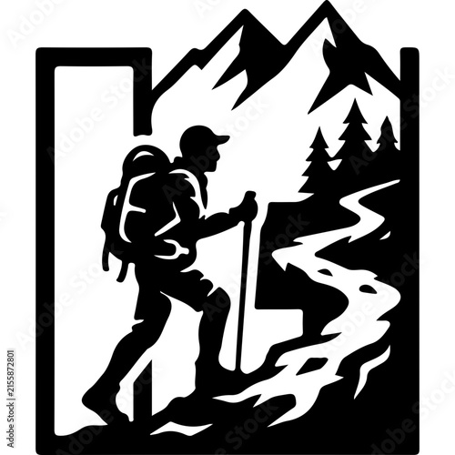 Minimalist mountain hiker silhouette vector, outdoor adventure logo with trekking man, black and white nature landscape icon