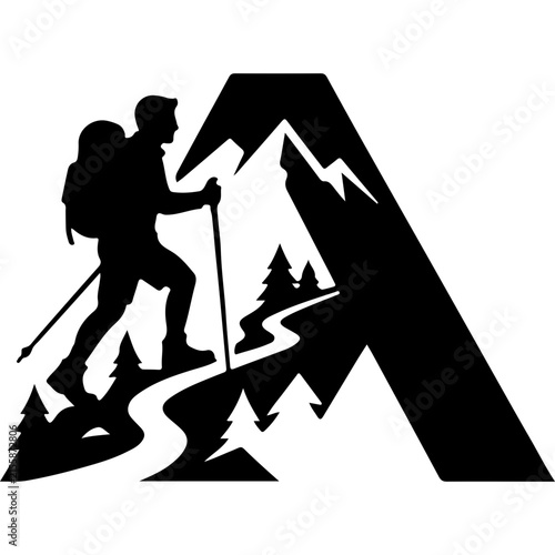 Mountain hiker silhouette logo, letter A mountain peak icon, black and white trekking vector, outdoor adventure graphic