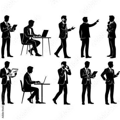 Professional businessman silhouettes set, corporate male figures in suits, office workers using laptops and phones vector collection