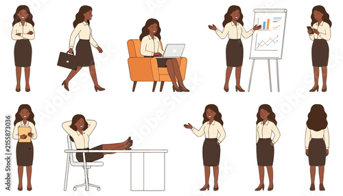 Businesswoman Character Set in Various Office Poses with Laptop, Presentation, and Phone. Professional Female Worker Ill