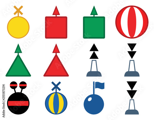 Maritime navigation buoy icons, set of 12 nautical sea markers, colorful marine safety symbols for shipping and sailing maps