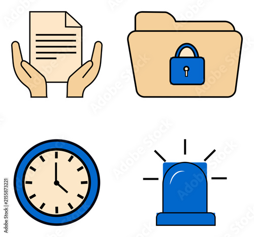 Flat business icon set, secure document folder and clock symbols, emergency siren and data protection vector icons