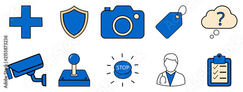 Blue flat line icons set, 10 vector symbols for business and technology, medical and security interface elements