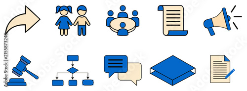 Corporate business icons set, professional office communication symbols, 10 blue and beige flat vector elements for management