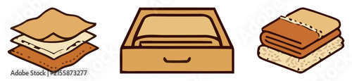 Minimalist linen storage icons, folded fabric and textile organization set, brown cotton bedding in drawer vector illustrations