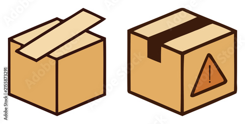 Cardboard box vector icons, brown shipping package set, delivery parcel with warning sign, logistics and storage symbols
