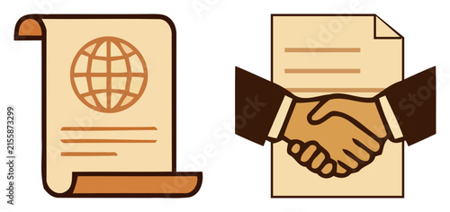 Vintage business icons set, antique scroll with globe map, professional handshake on contract document, brown vector illustrations