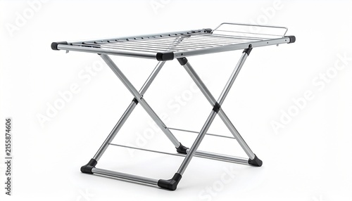 Foldable clothes drying rack, portable metal laundry airer with X-frame legs, isolated on white background. Modern household item.
