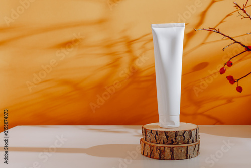 Empty wooden podium with shadows and rose hips at the background