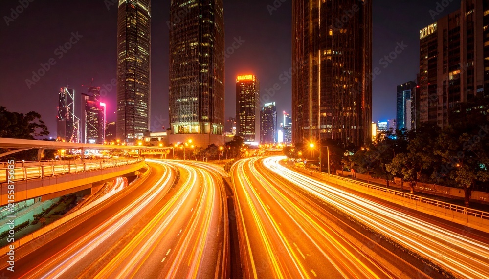 Naklejka premium Street scene at night in a city showcasing captivating light trails from vehicles, concept of time