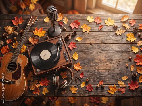 Rustic autumn music composition featuring an acoustic guitar, vinyl records, microphone and other musical equipment surrounded by colorful fall leaves on a wooden table