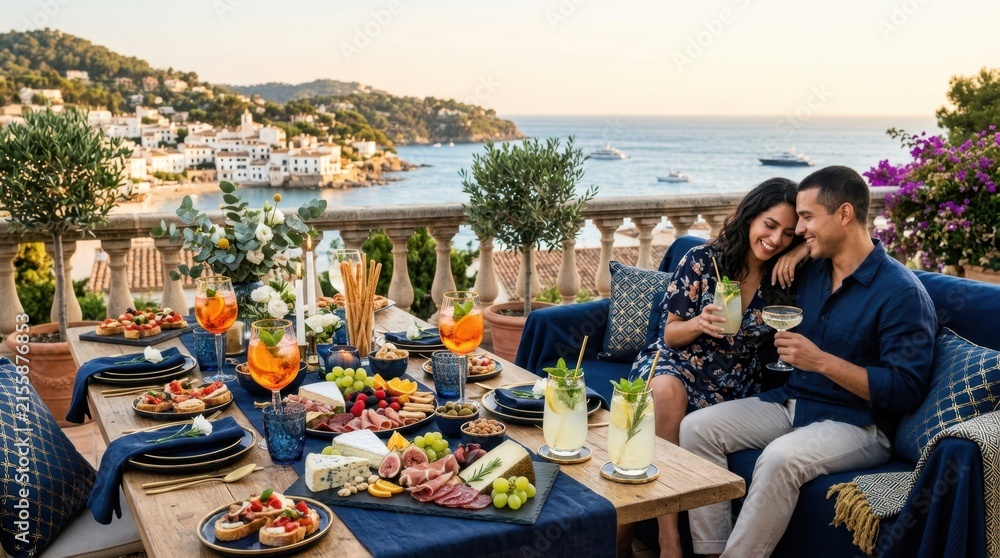 Fototapeta premium Mediterranean Delight: A couple enjoys a romantic evening overlooking a picturesque coastal town, with a lavish spread of appetizers and cocktails laid out on a table adorned with blue accents.