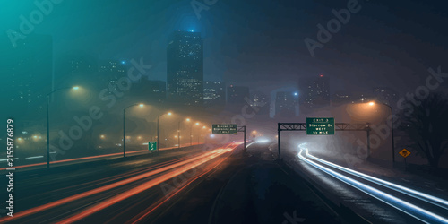 Long exposure night traffic on metropolitan highway interchange with exposure transportation downtown metropolis infrastructure vehicles velocity movement skyscrapers architecture nighttime