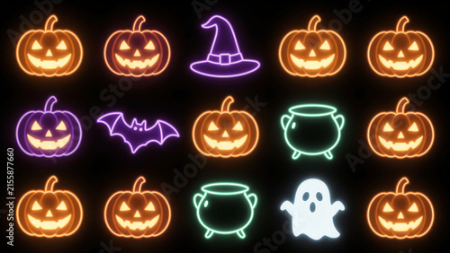 Halloween neon light icons set glowing halloween pumpkin ghost bat witch hat skull cauldron