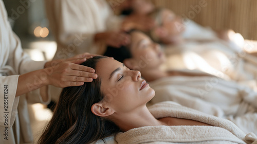 A multicultural group of spa guests in robes receiving simultaneous scalp massage treatments in a minimalist bamboo-paneled studio, therapists at work behind each client, serene