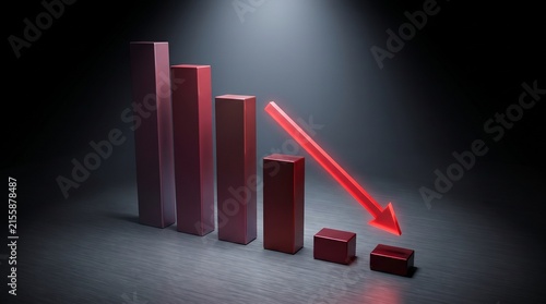 3D descending bar chart with a glowing red downward arrow under a spotlight. Perfect conceptual image for economic crisis, recession, financial loss, stock market crash, and bankruptcy