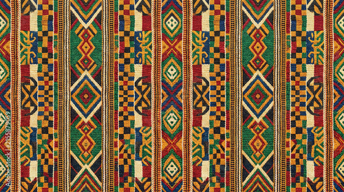 Colorful kente cloth pattern with geometric shapes and stripes for african textiles and prints.